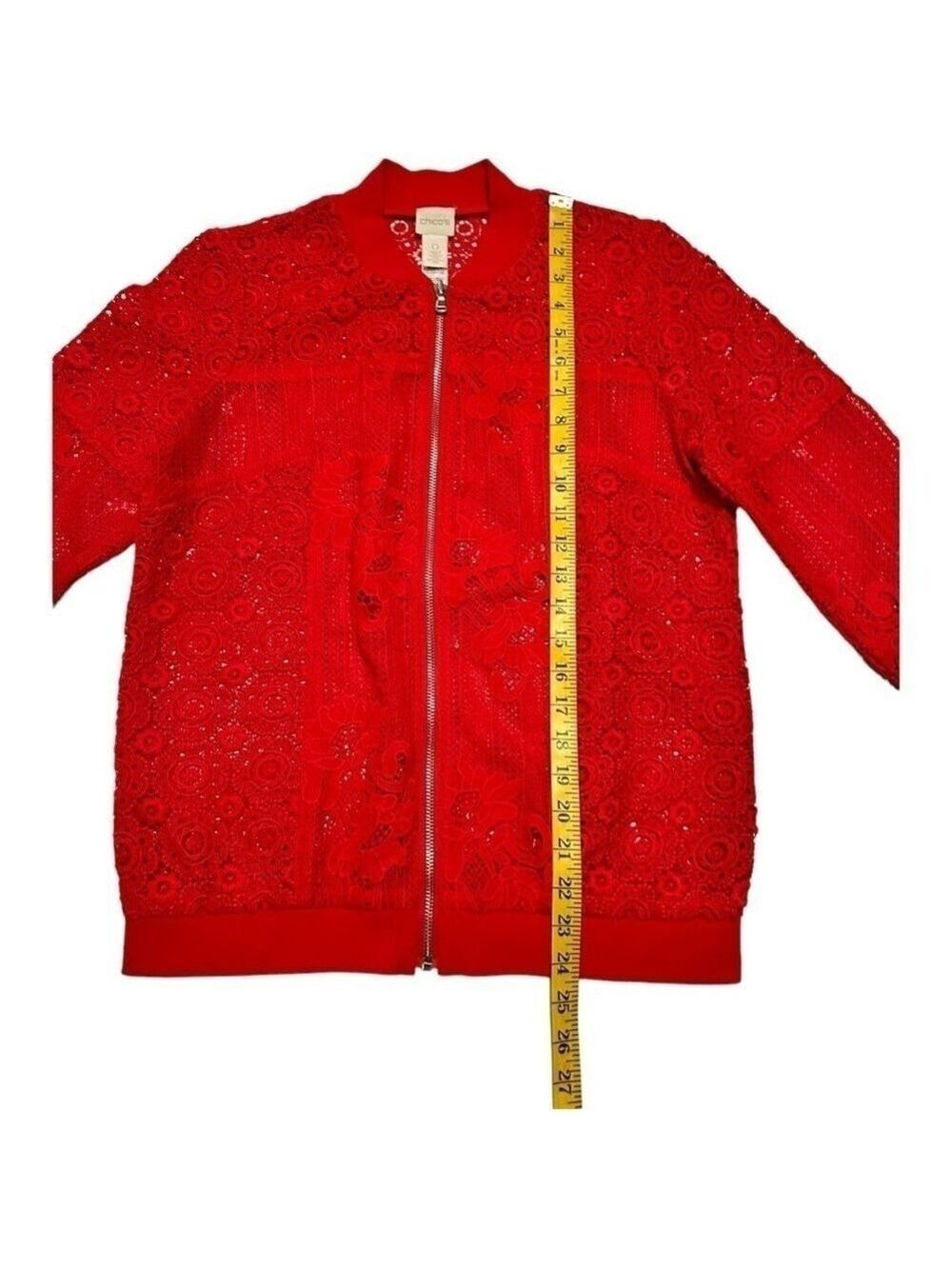Chico’s Red Sheer Fancy Crochet Lace Blazer, Womens 4 - Chicos Size 0 BEAUTIFUL! - Picture 15 of 16